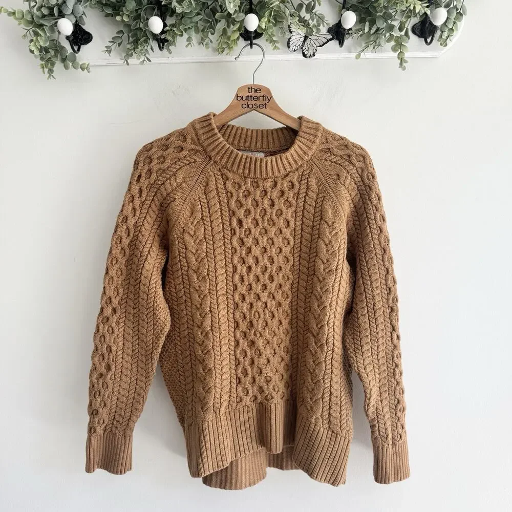 J. Crew Brown Cable Knit Crew Neck Sweater Medium - Picture 1 of 4